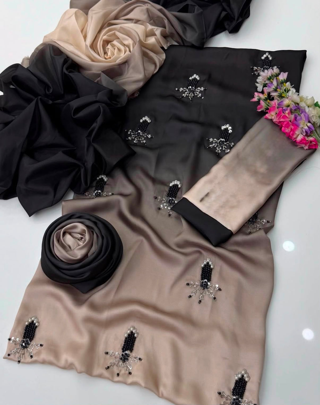 Shamoze silk Digital tye 'N' dye prints with pearls and beads